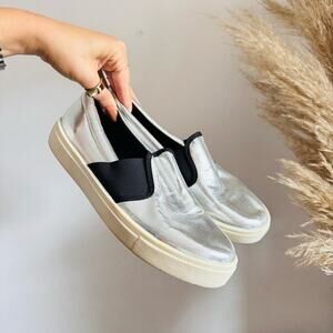 TOPSHOP Silver Metallic Black Elastic Off White Platform Slip On Sneakers Shoe 7